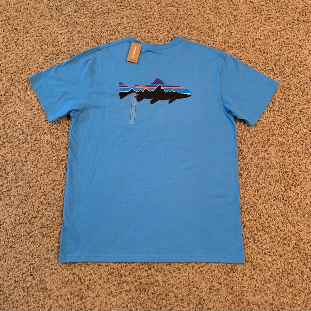 Patagonia Mens Fitz Roy Trout T Shirt Blue Size L Large Short Sleeve Fish Logo